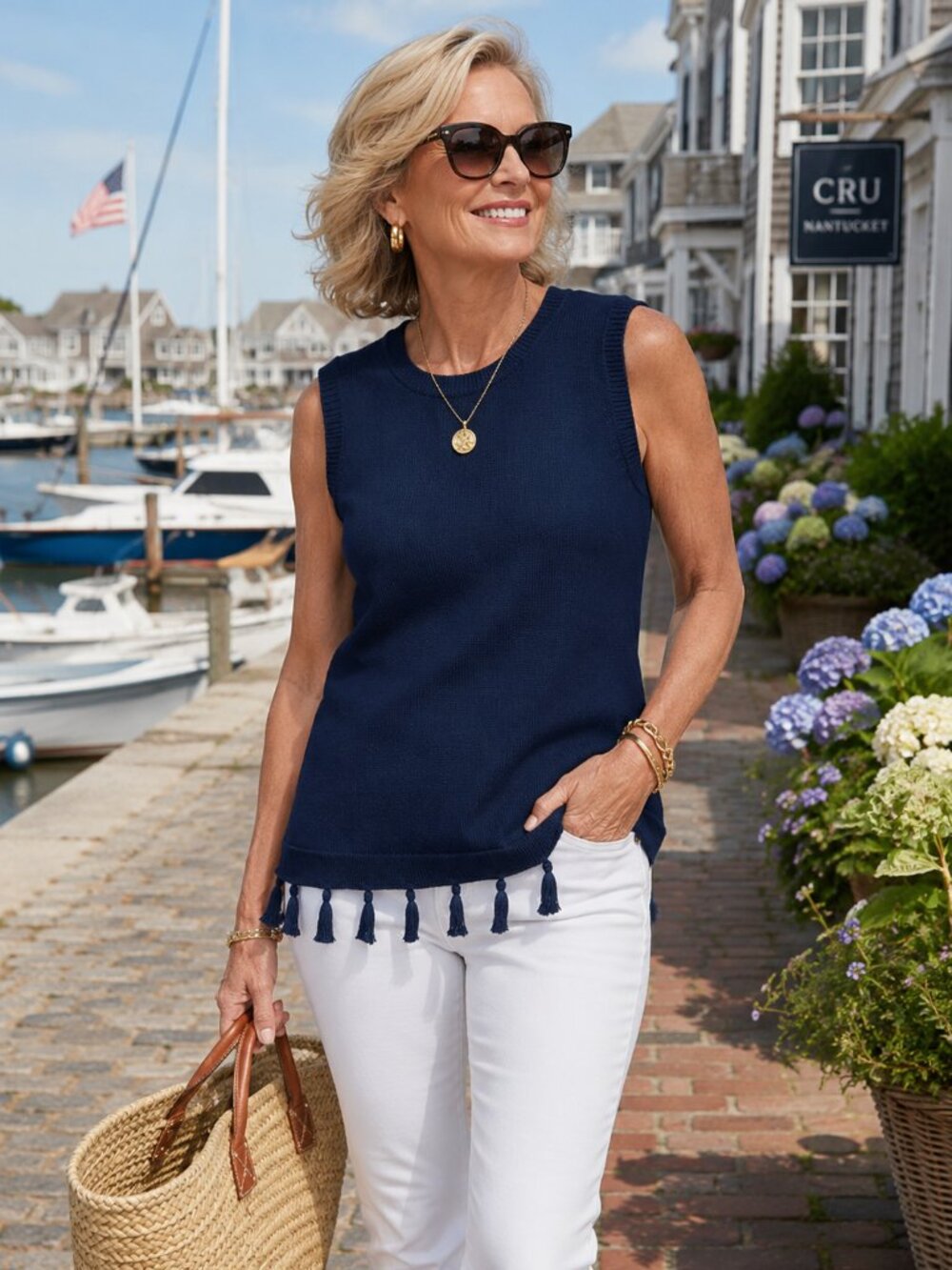 Talbots Navy Sweater Tank NWT Tassel Hem Coastal Grandmother Medium